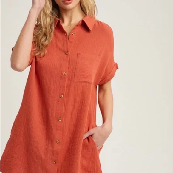 NWT Woman Owned Designer BluIvy Button Up Shirt Dress with Pocket, Terracotta - Picture 2 of 4